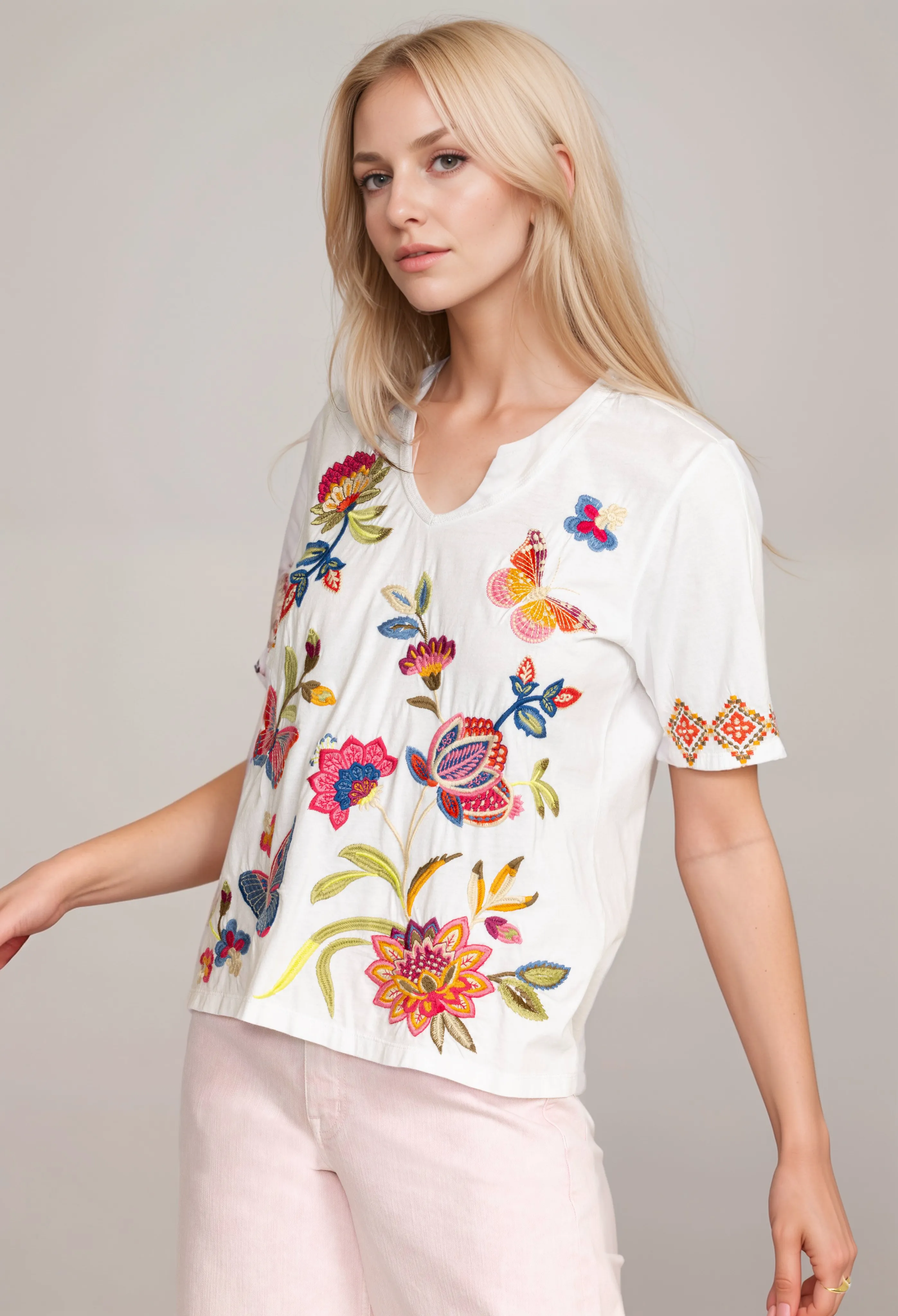 Johnny Was Gracey Trapunto V Neck Tee Shirt J13224 *