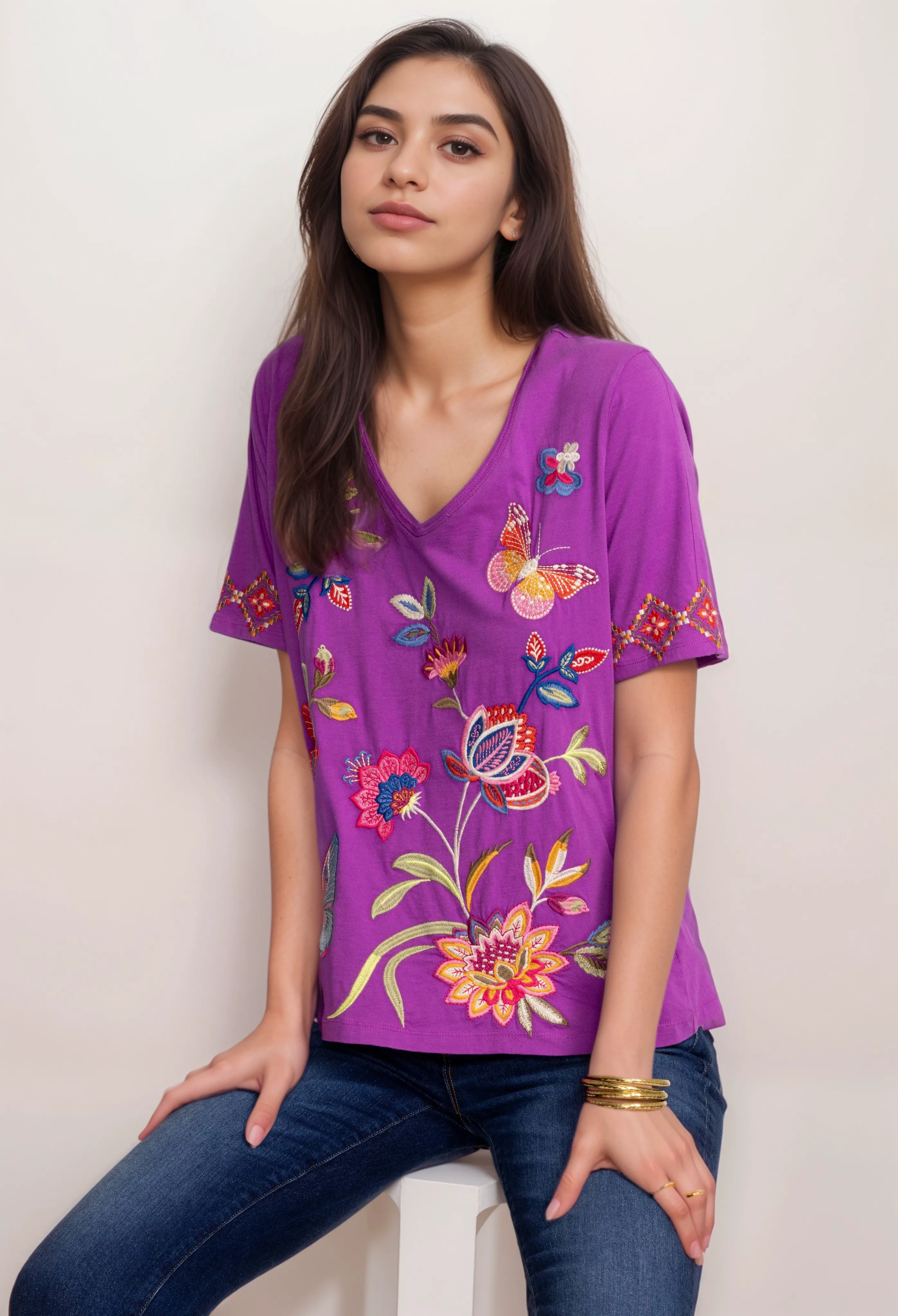 Johnny Was Gracey Trapunto V Neck Tee Shirt J13224 *