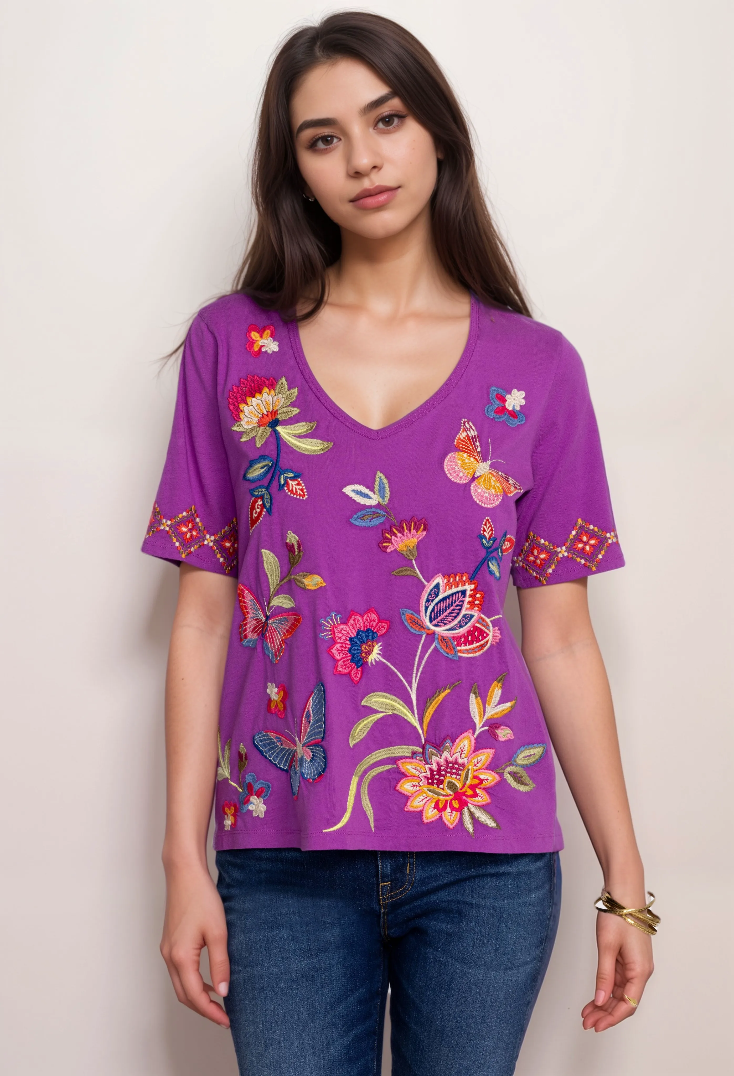 Johnny Was Gracey Trapunto V Neck Tee Shirt J13224 *