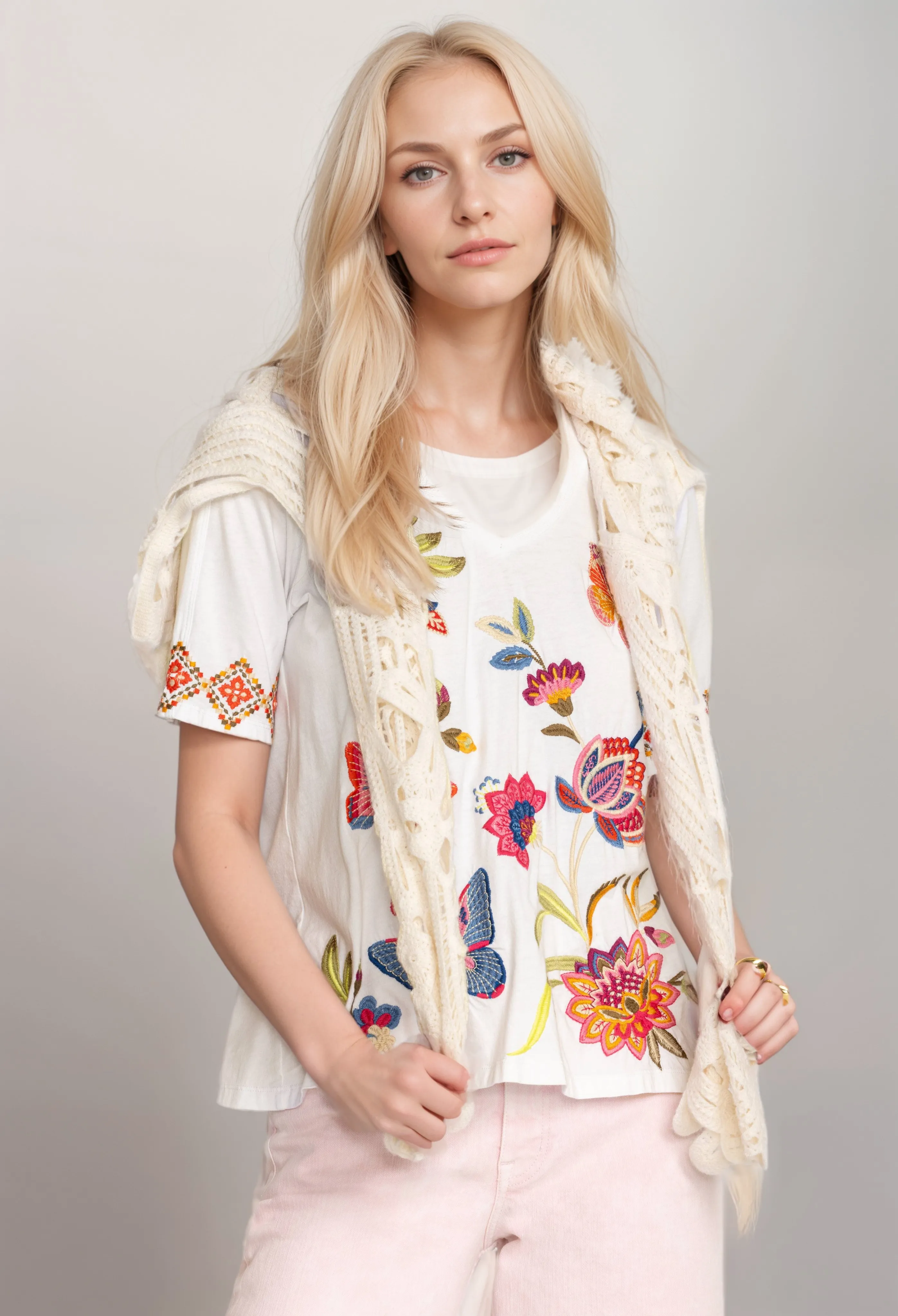 Johnny Was Gracey Trapunto V Neck Tee Shirt J13224 *