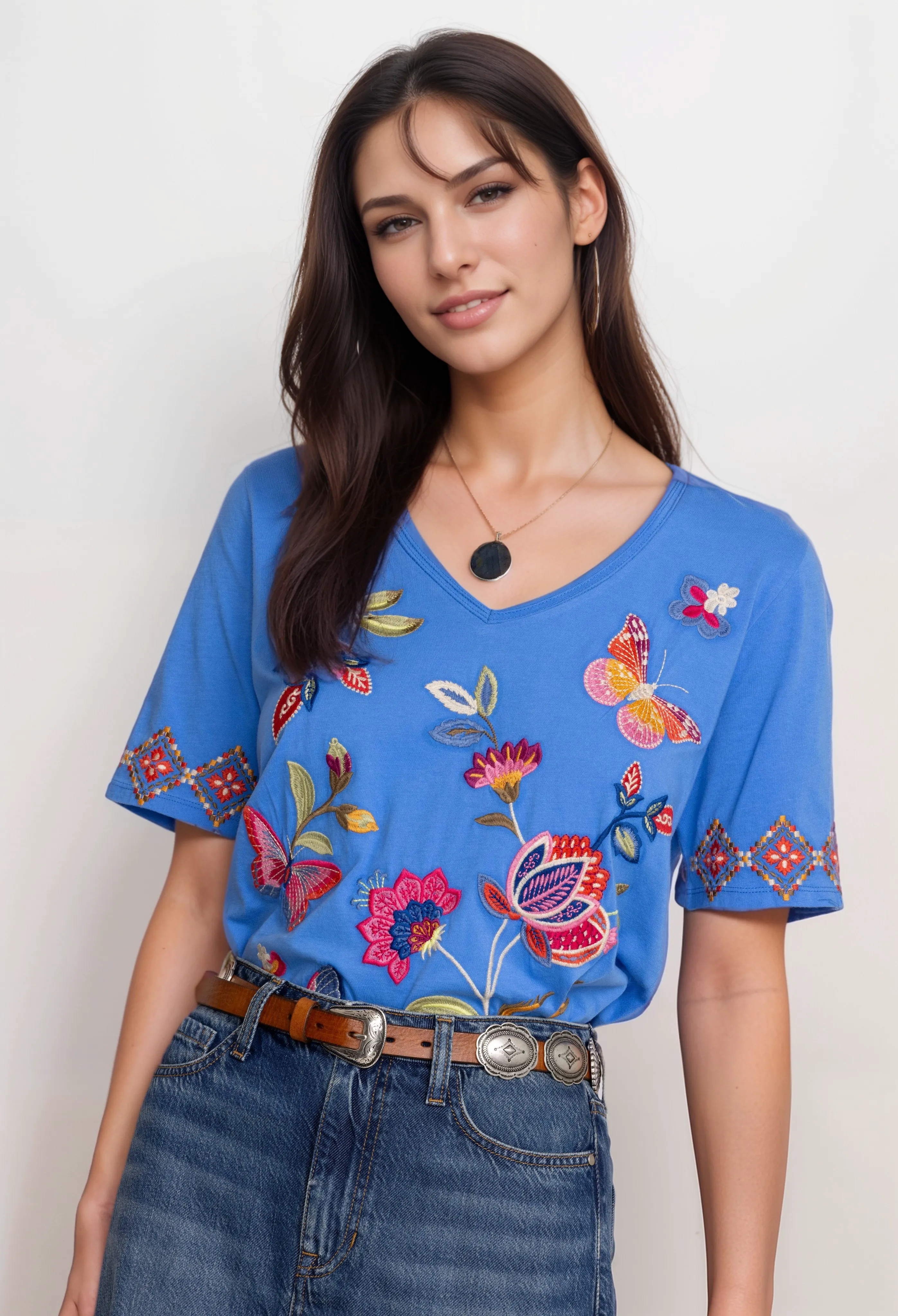 Johnny Was Gracey Trapunto V Neck Tee Shirt J13224 *