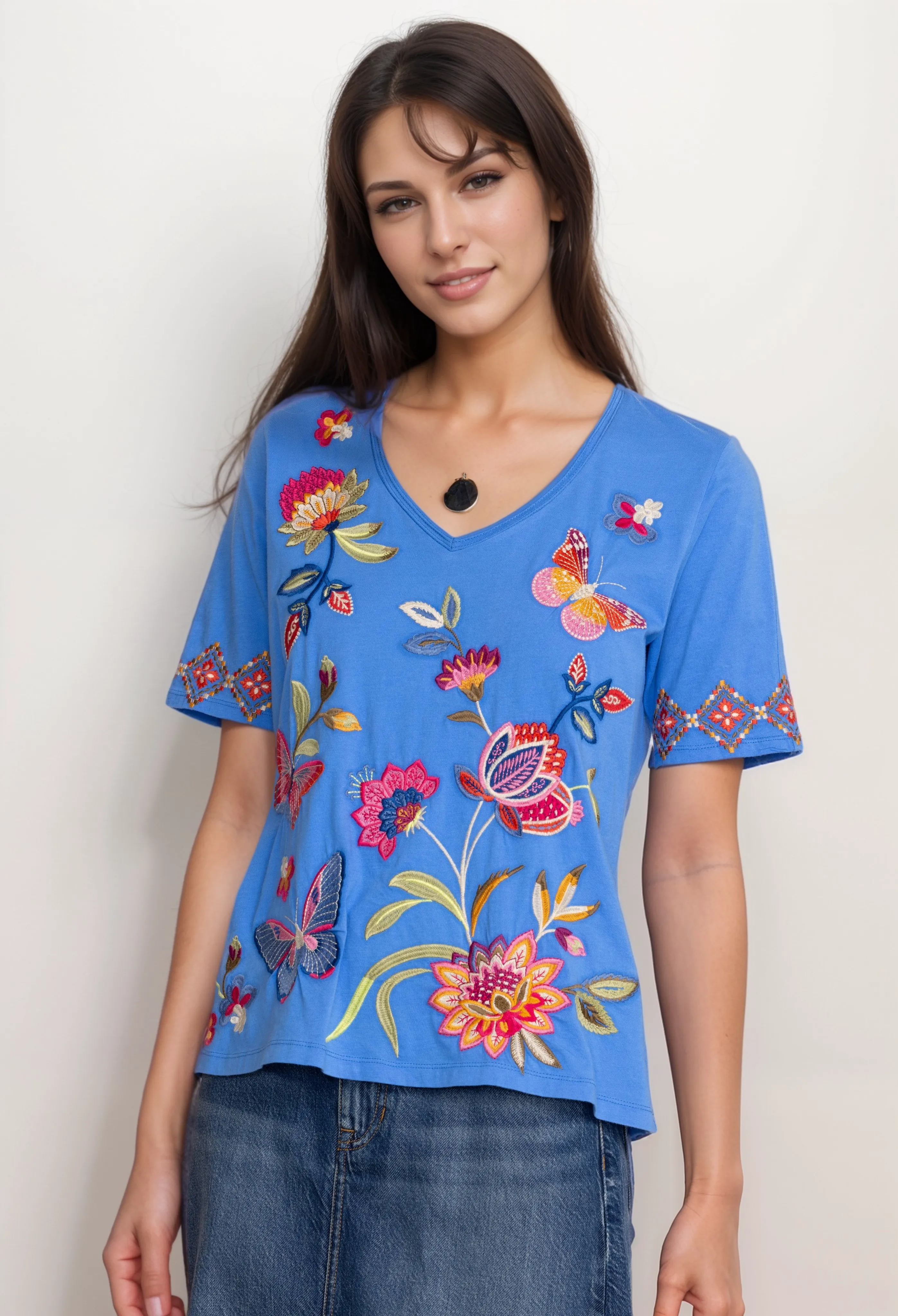 Johnny Was Gracey Trapunto V Neck Tee Shirt J13224 *