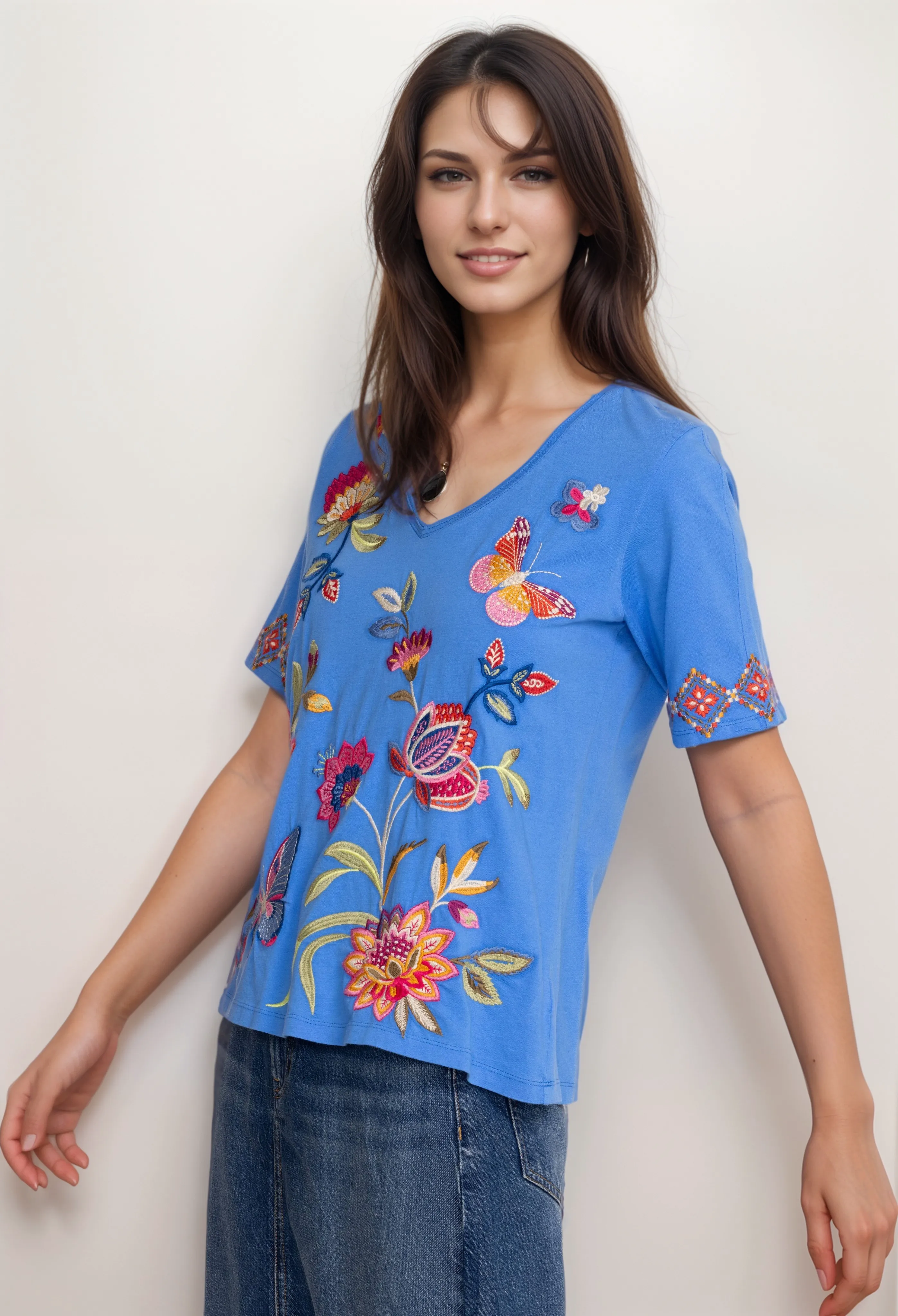 Johnny Was Gracey Trapunto V Neck Tee Shirt J13224 *