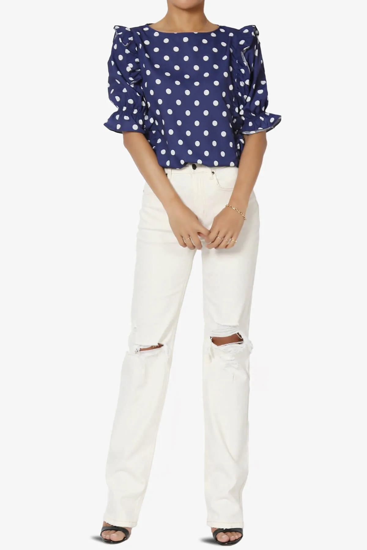 Kiley Polka Dot Ruffle Blouse in Navy