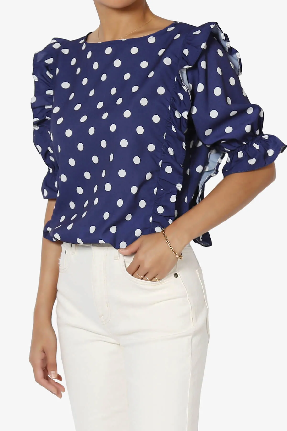 Kiley Polka Dot Ruffle Blouse in Navy