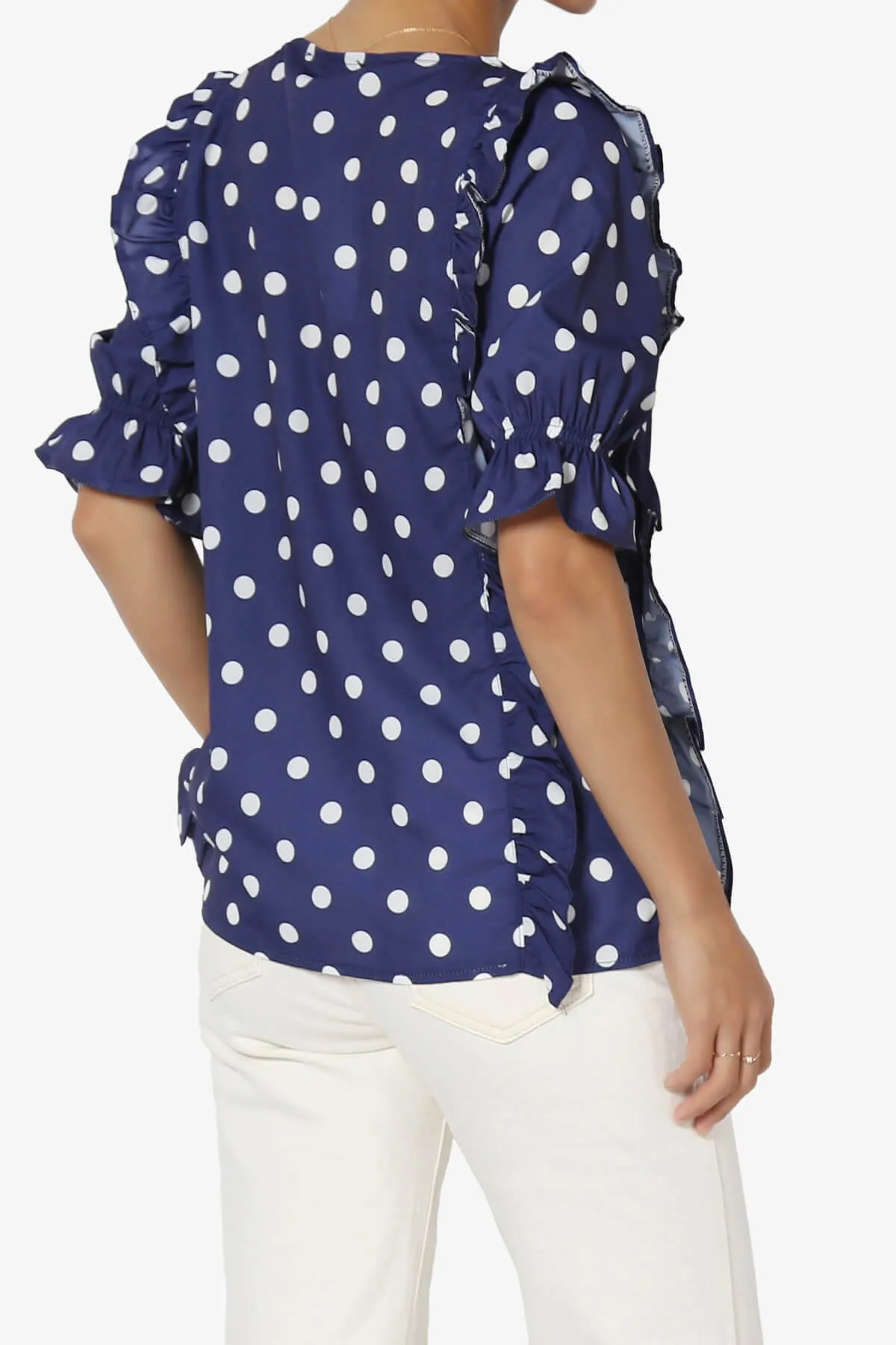 Kiley Polka Dot Ruffle Blouse in Navy