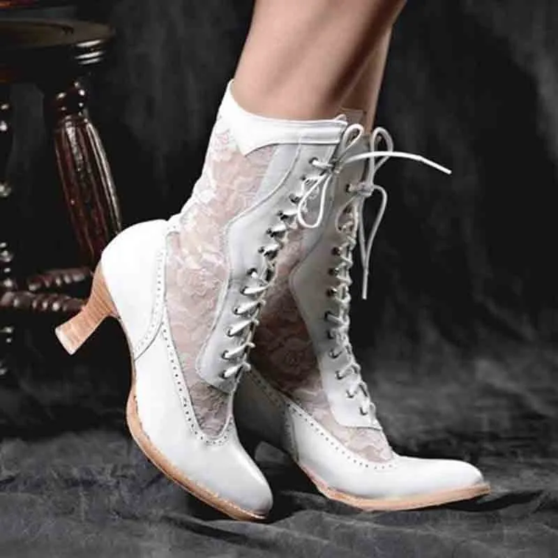 Lace stitched lace up pointed middle heel women's Boots