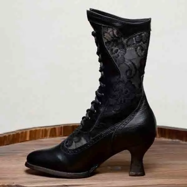 Lace stitched lace up pointed middle heel women's Boots