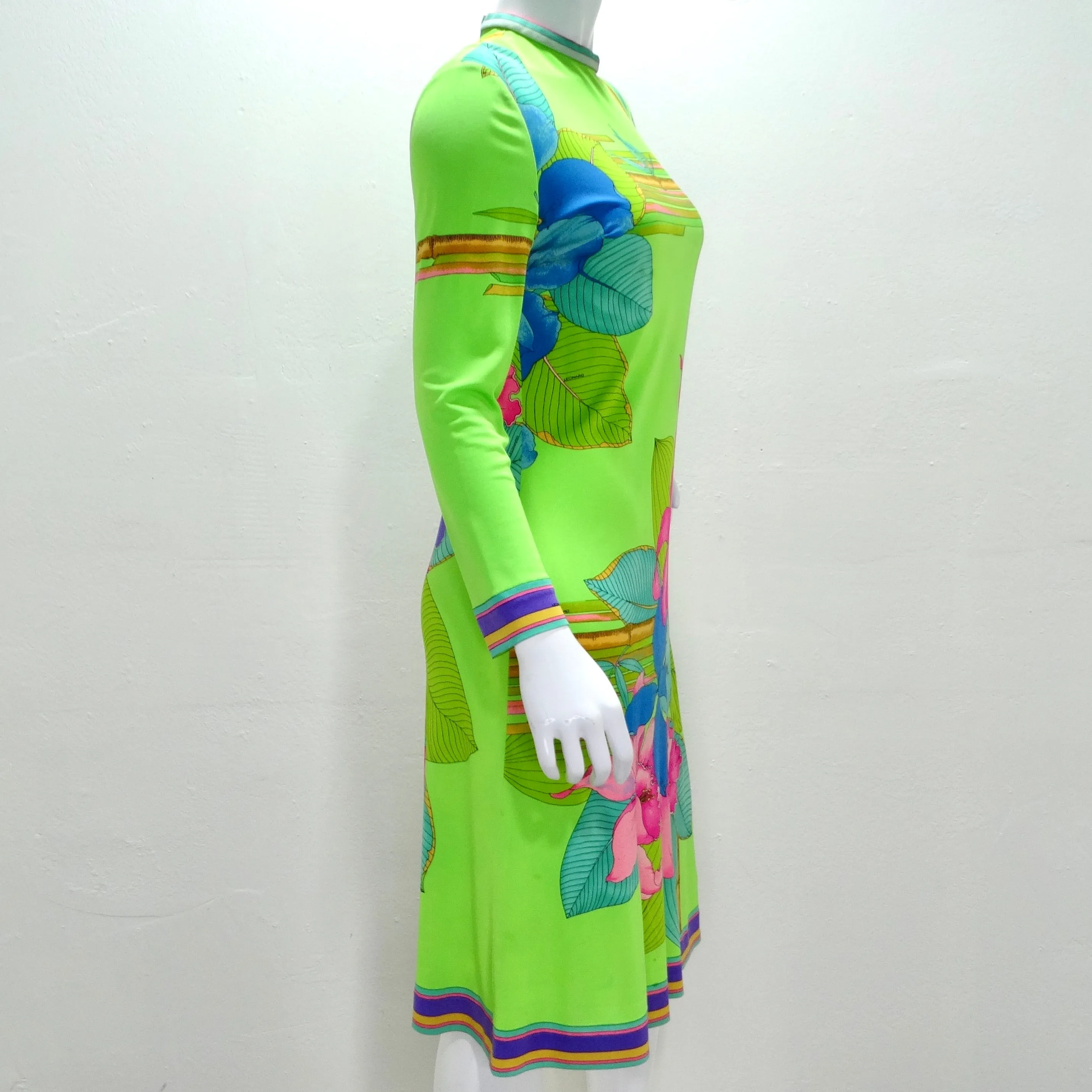 Leonard 1960s Green Floral Silk Dress