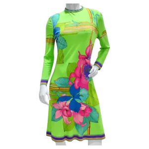 Leonard 1960s Green Floral Silk Dress
