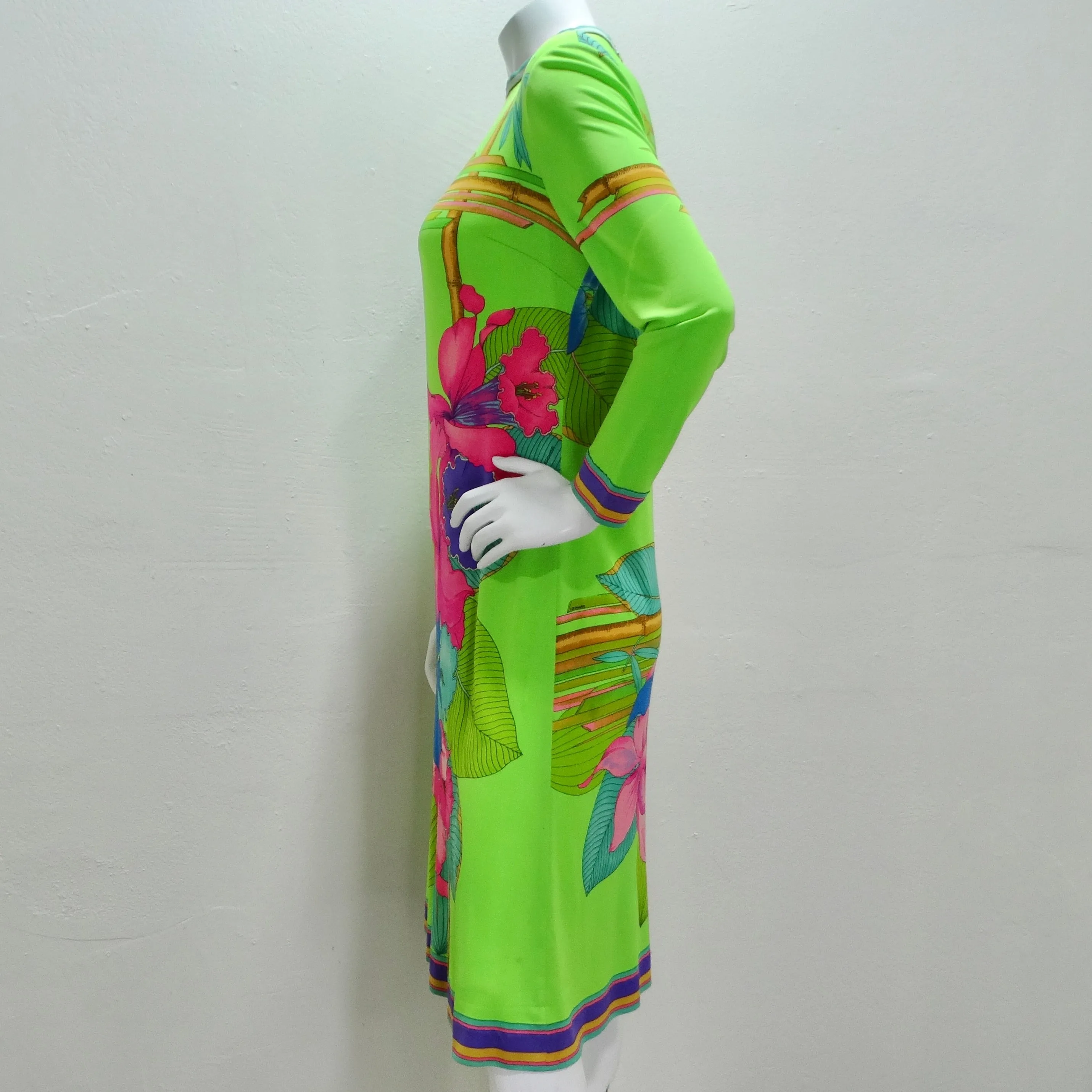 Leonard 1960s Green Floral Silk Dress