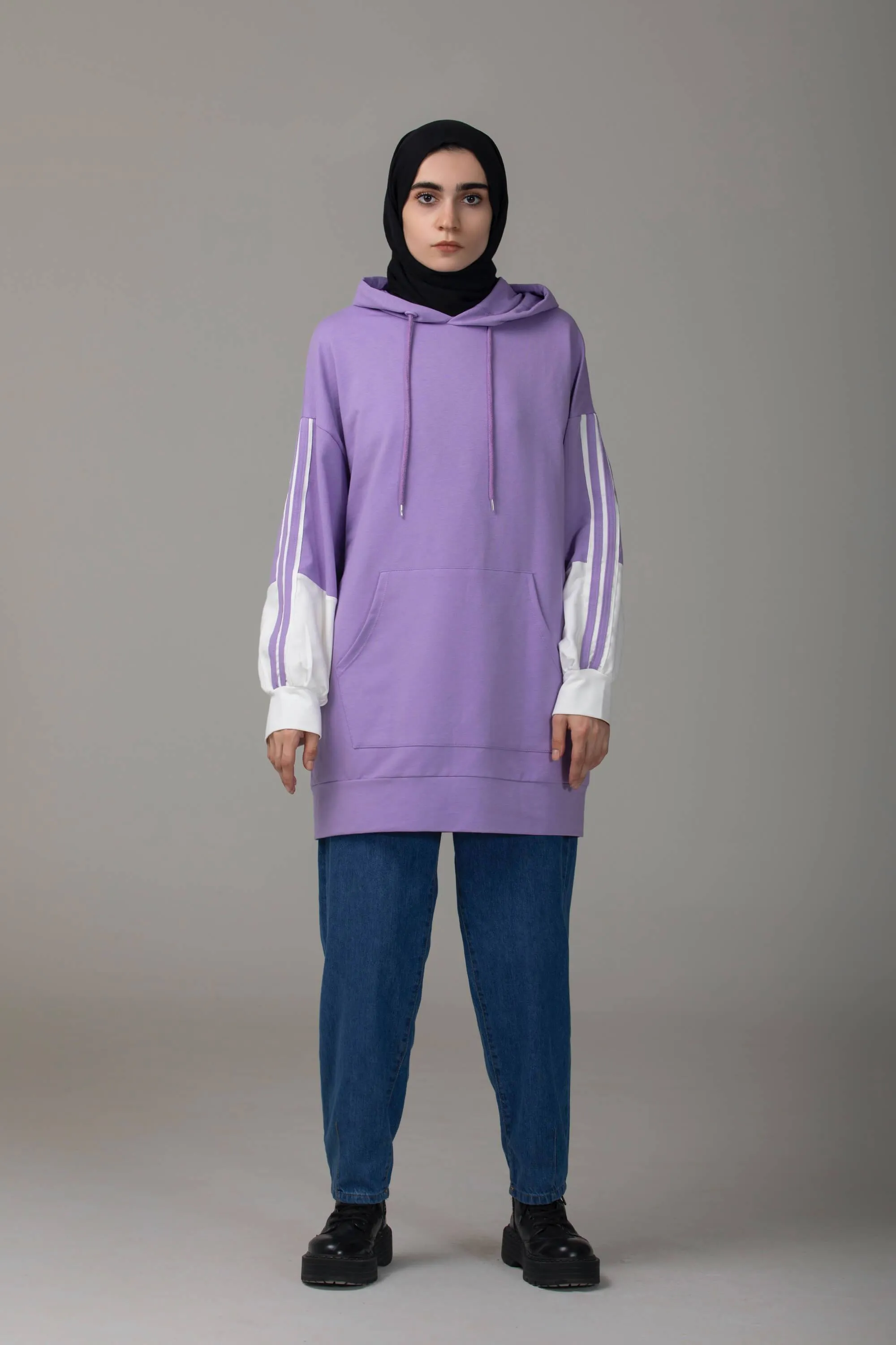 Lina Striped Modest Hoodie | Purple