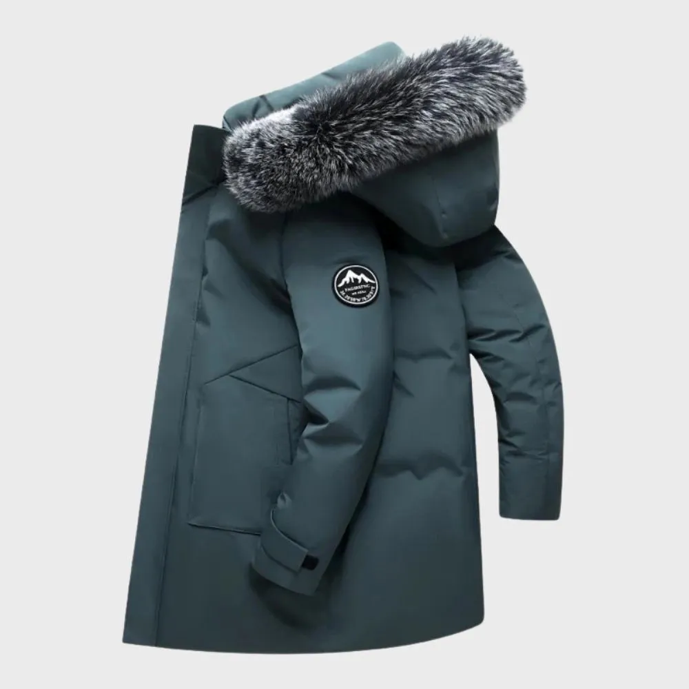 Luxury Men's Dark Green Insulated Parka with Faux Fur Hood