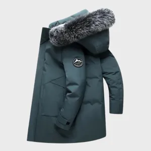 Luxury Men's Dark Green Insulated Parka with Faux Fur Hood