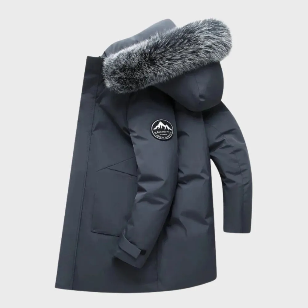 Luxury Men's Dark Green Insulated Parka with Faux Fur Hood