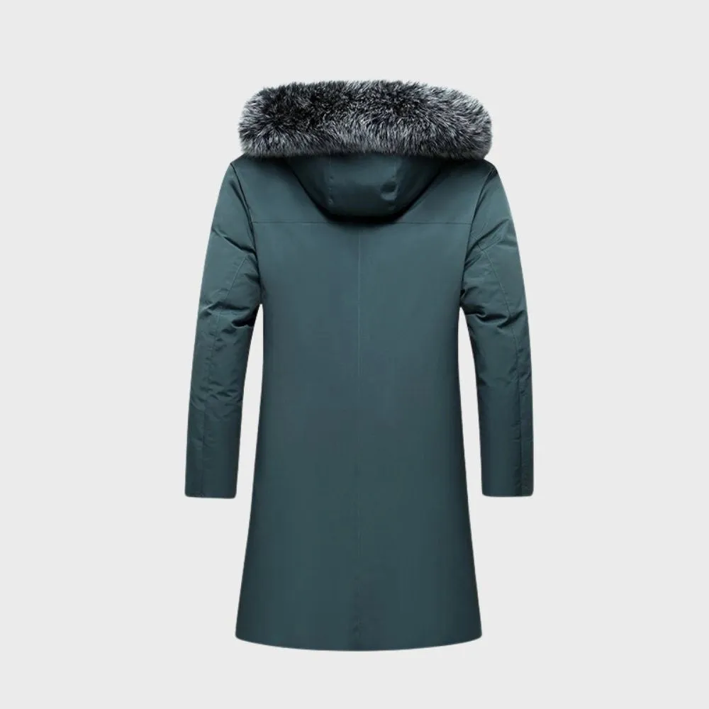 Luxury Men's Dark Green Insulated Parka with Faux Fur Hood
