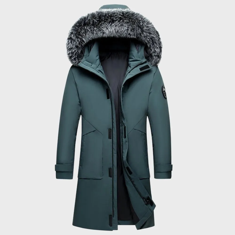 Luxury Men's Dark Green Insulated Parka with Faux Fur Hood