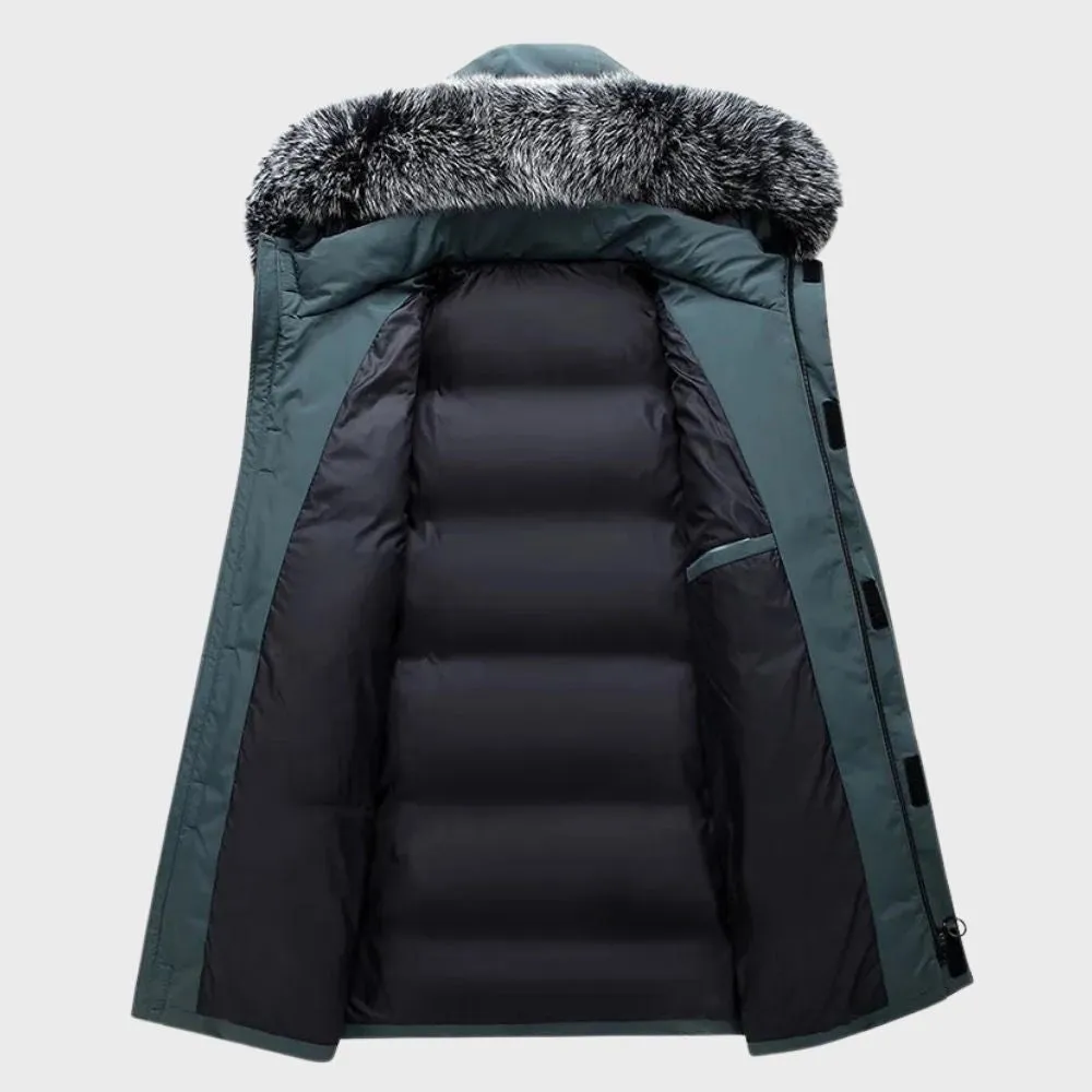Luxury Men's Dark Green Insulated Parka with Faux Fur Hood