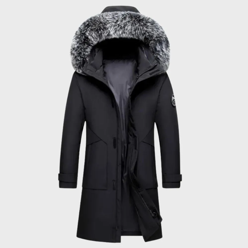 Luxury Men's Dark Green Insulated Parka with Faux Fur Hood