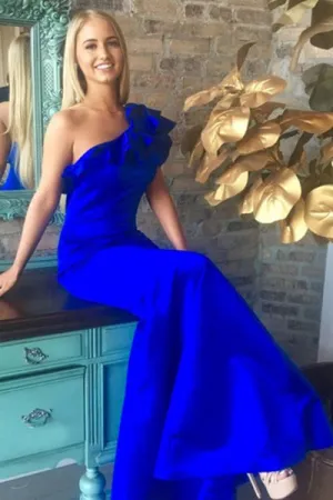 Mermaid One-Shoulder Floor-Length Royal Blue Prom Dress with Ruffles D016