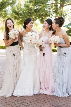 Mermaid Strapless Sweep Train Chiffon Bridesmaid Dress with Ruffles OHS100