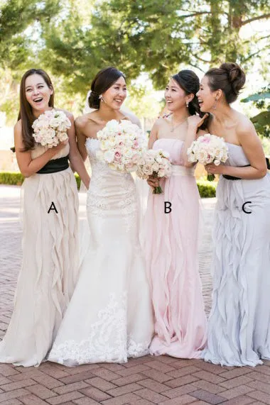 Mermaid Strapless Sweep Train Chiffon Bridesmaid Dress with Ruffles OHS100
