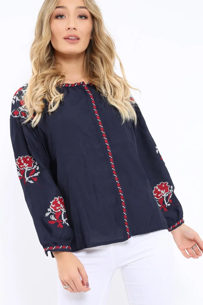 Navy Embroidered Blouse - Gabbie
