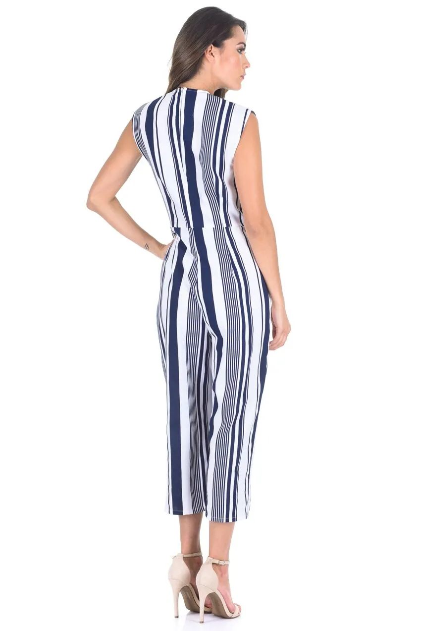Navy Pinstripe Wrap Front Culotte Jumpsuit