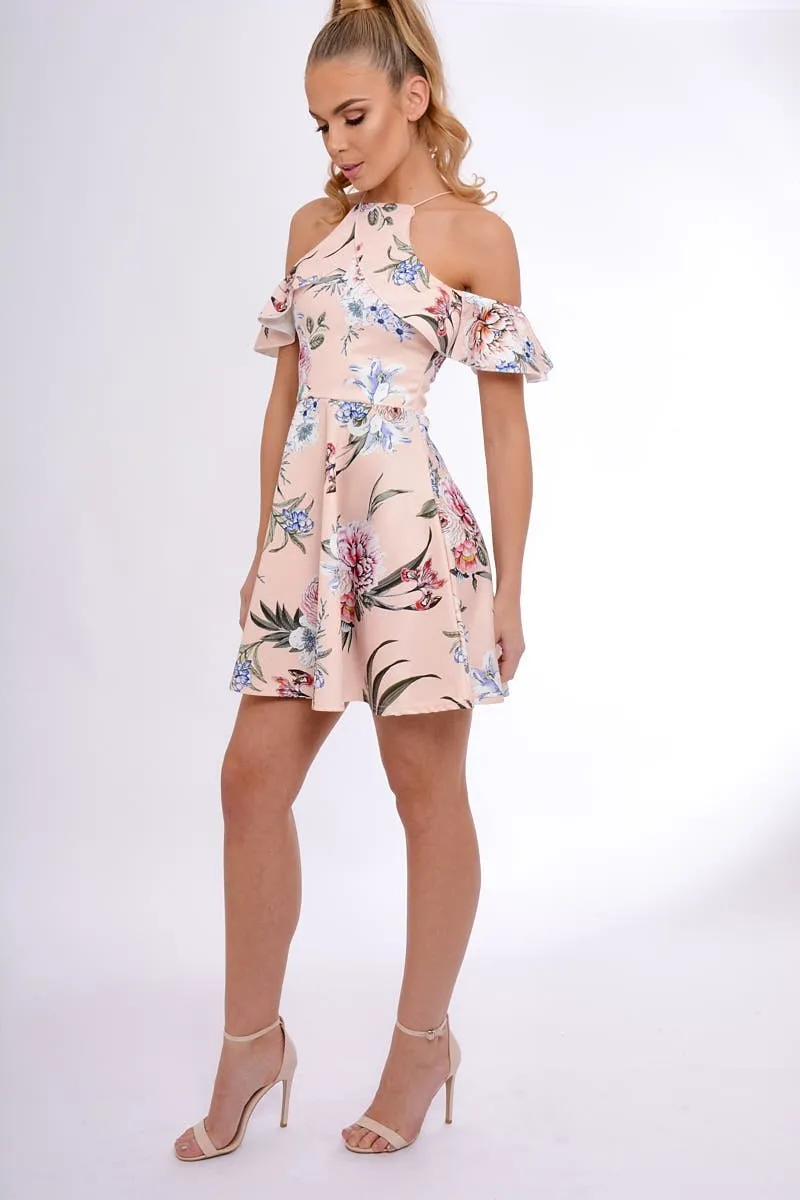 Nude Floral Cold Shoulder Skater Dress - Zoey