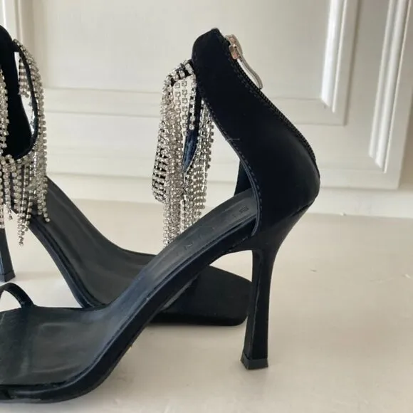 NWOT Billini Free People Barlow Black Satin Bling Heels Sz 8