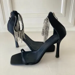 NWOT Billini Free People Barlow Black Satin Bling Heels Sz 8