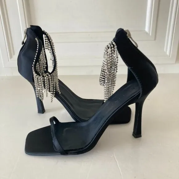 NWOT Billini Free People Barlow Black Satin Bling Heels Sz 8