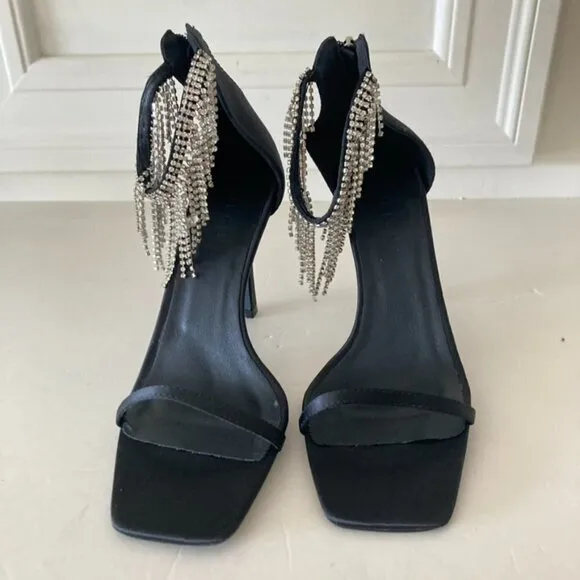 NWOT Billini Free People Barlow Black Satin Bling Heels Sz 8