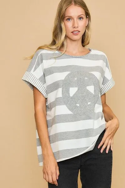 Peaceful Vibes Only Patch Striped French Terry Top