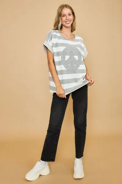 Peaceful Vibes Only Patch Striped French Terry Top