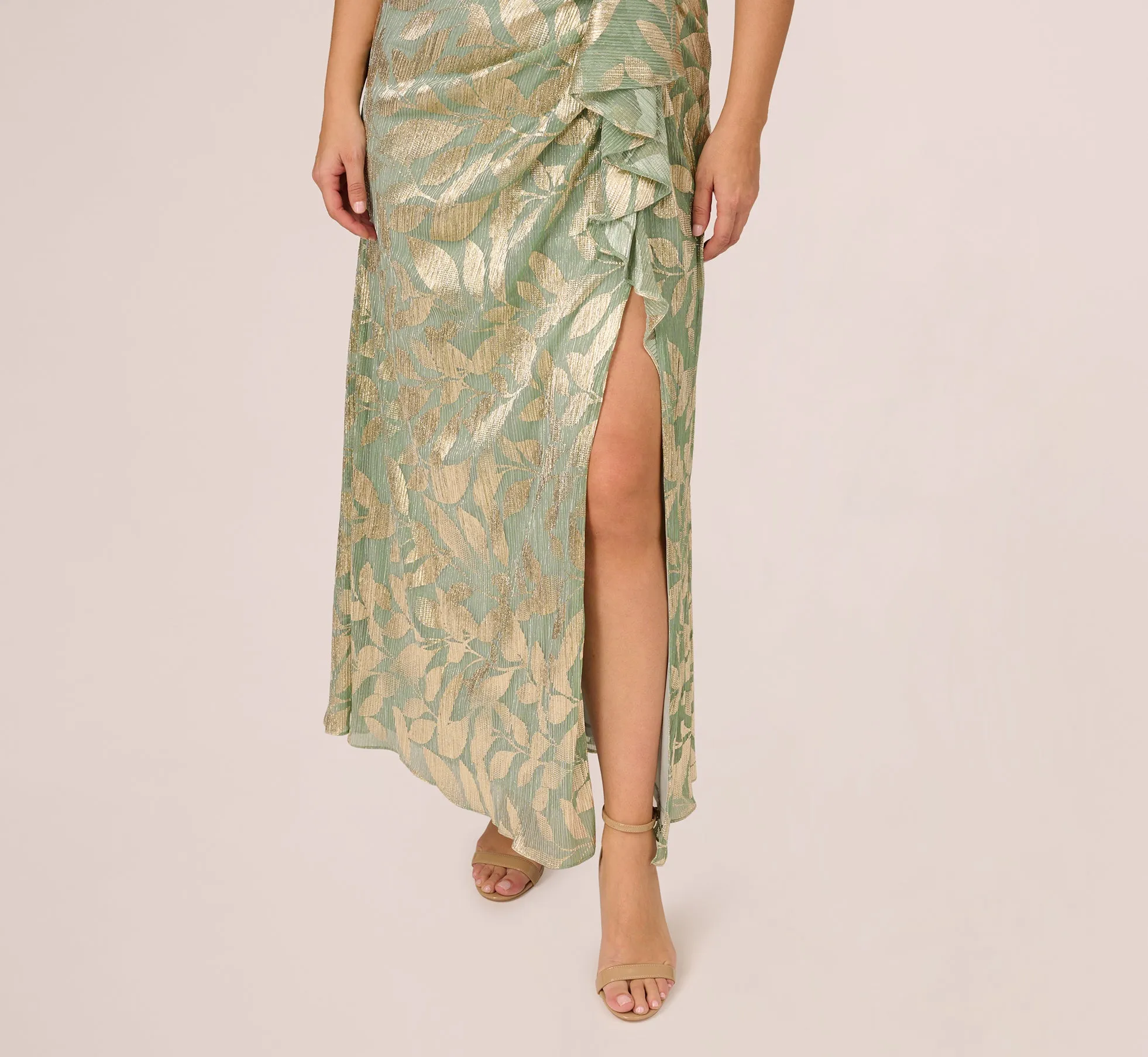 Plus Size Foil Printed Asymmetric Gown With Ruffled Detail In Sage Gold
