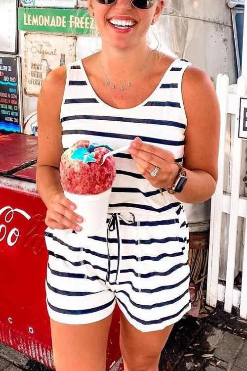 Pockets Drawstring Stripe Romper