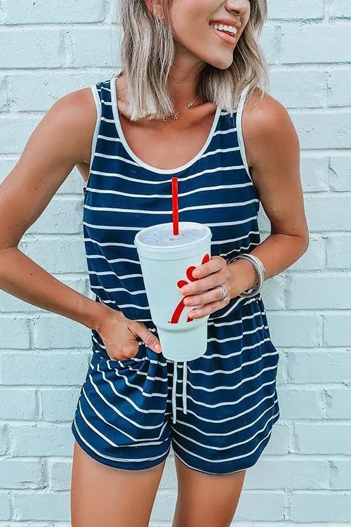 Pockets Drawstring Stripe Romper