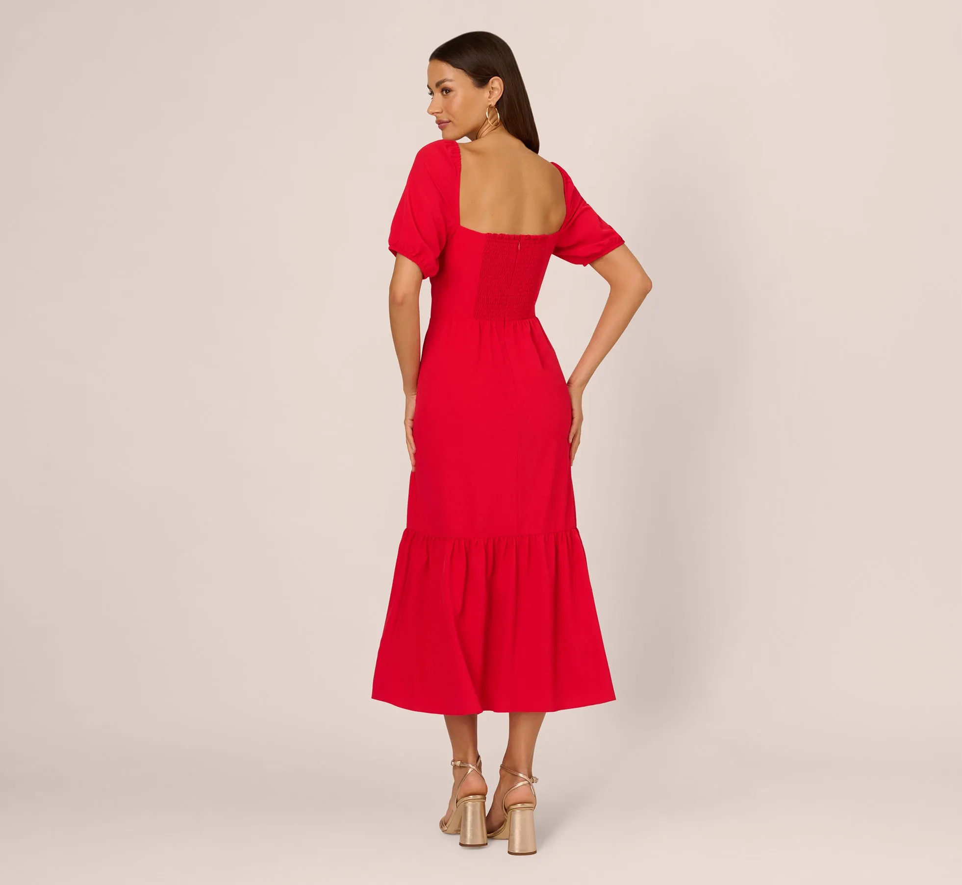 Puff Sleeve Midi Dress With Flounce Hem In Scarlet