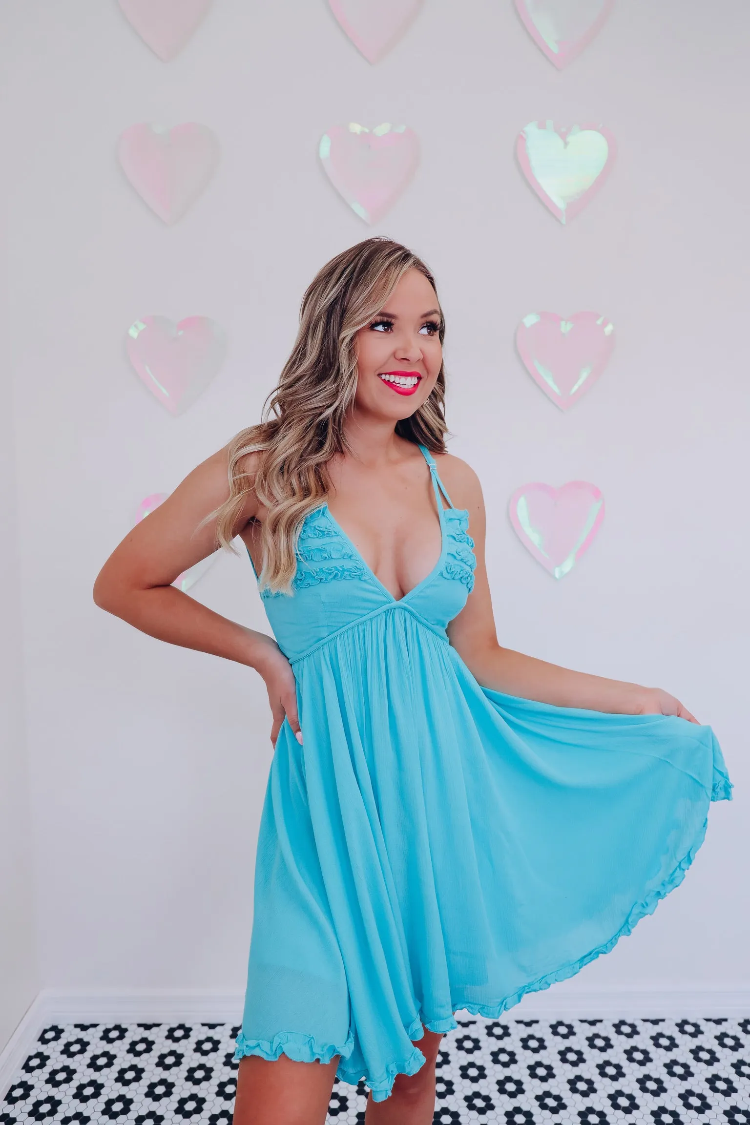 Rayna Ruffled Plisse Sun Dress - Aqua