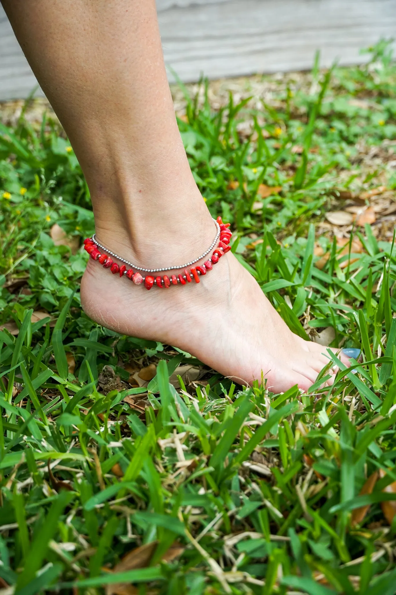 Red Coral Stones Boho Silver Anklet