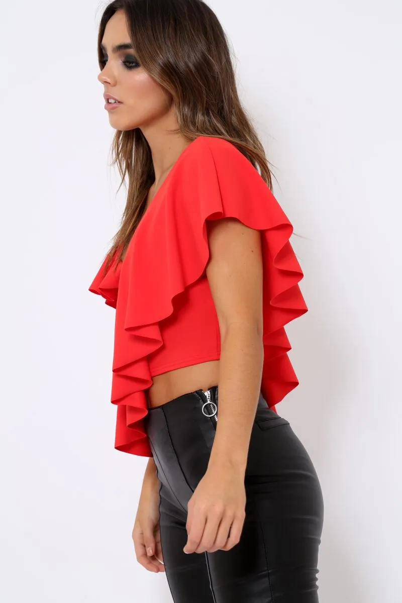 Red One Shouldered Frill Top - Maysa