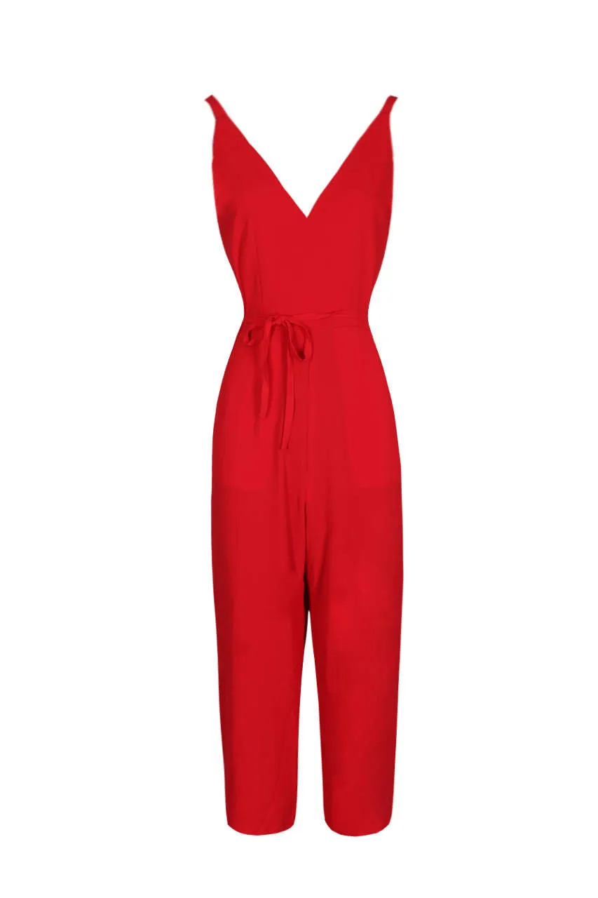 Red V-Neck Culotte Jumpsuit