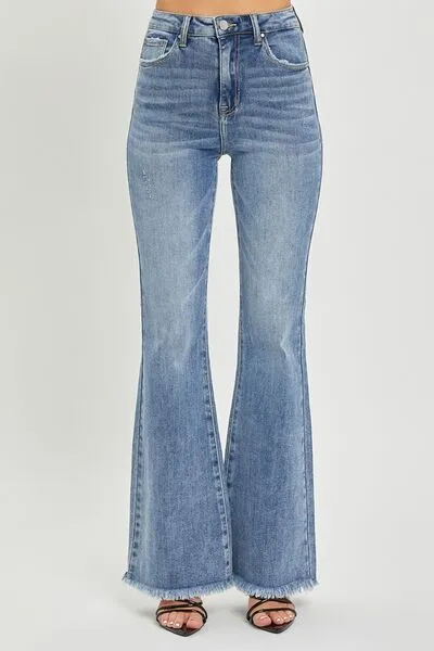 RISEN Full Size High Waist Raw Hem Flare Jeans ONLINE EXCLUSIVE