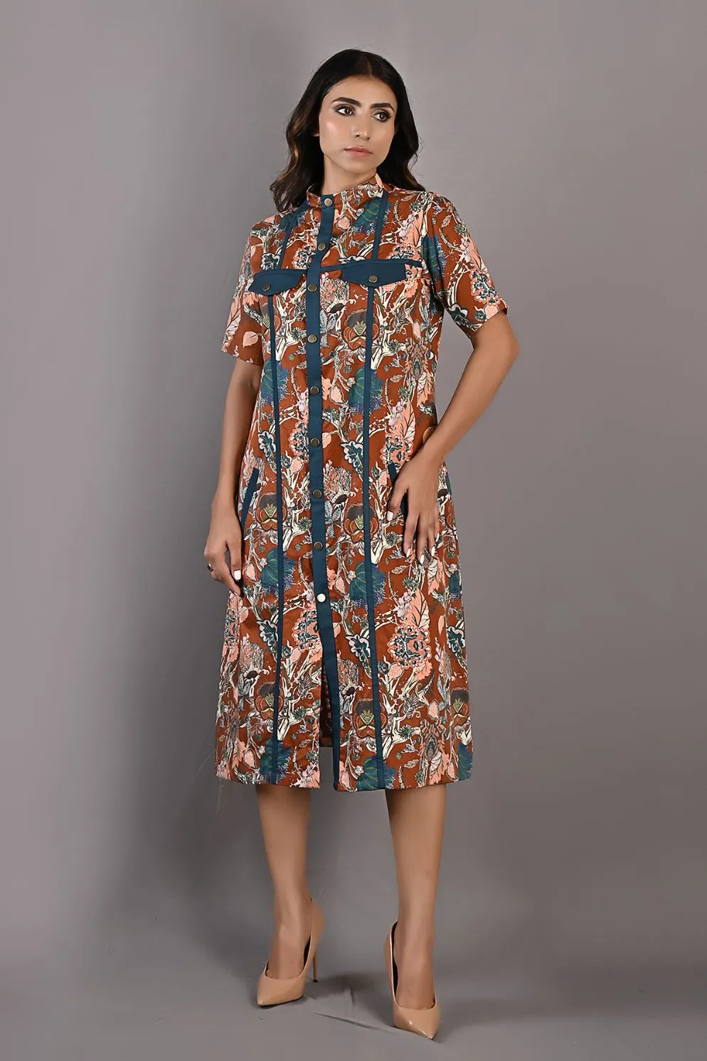 Roisin- Maroon &  Multi Printed Shirt Dress