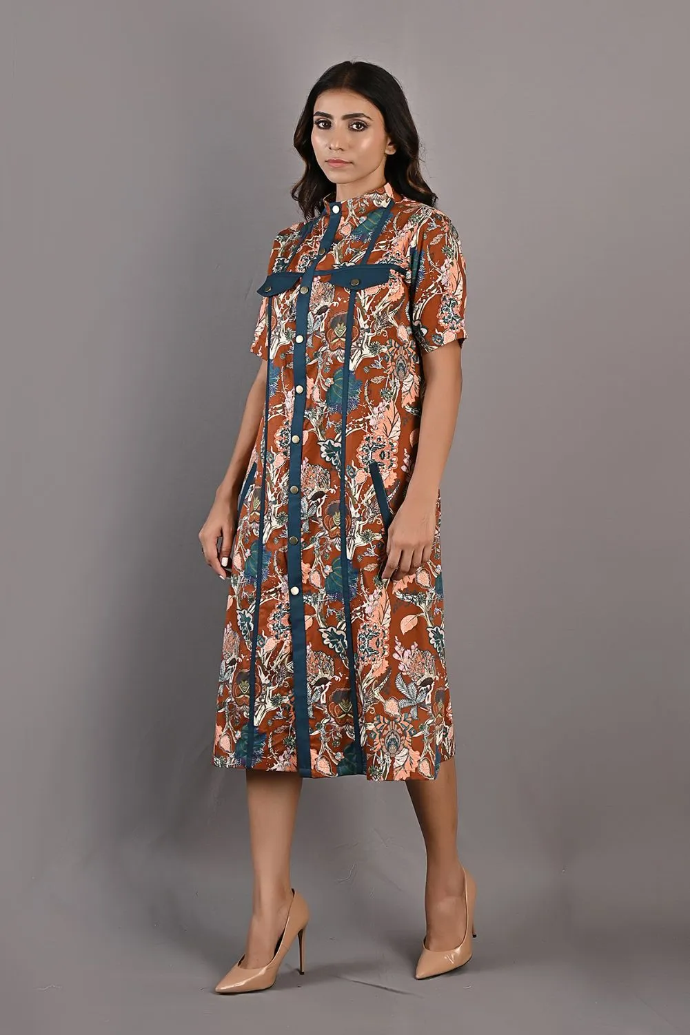 Roisin- Maroon &  Multi Printed Shirt Dress