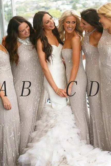 Sexy Sheath/Column V-neck Floor Length Sleeveless Long Tulle Bridesmaid Dresses with Sequins  OHS127