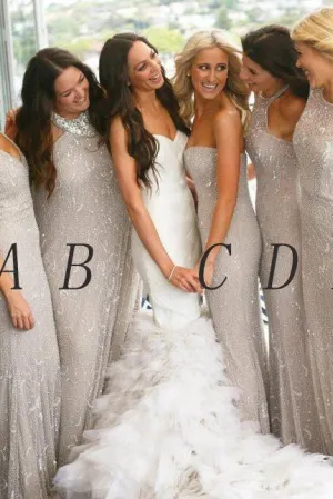 Sexy Sheath/Column V-neck Floor Length Sleeveless Long Tulle Bridesmaid Dresses with Sequins  OHS127