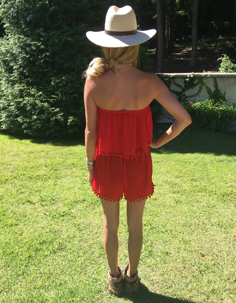 Show Me Your Mumu Banjo Pom Pom Crop Top in Bonfire Crisp
