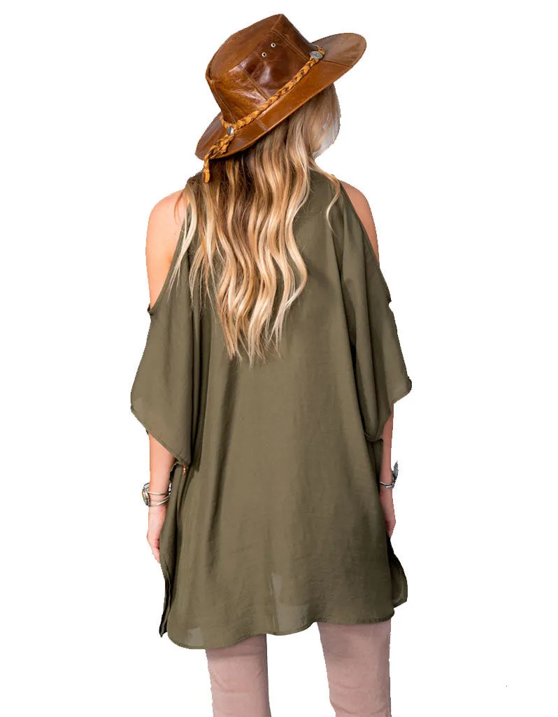 Show Me Your Mumu Peta-Boo Tunic in Olive Silky Satin